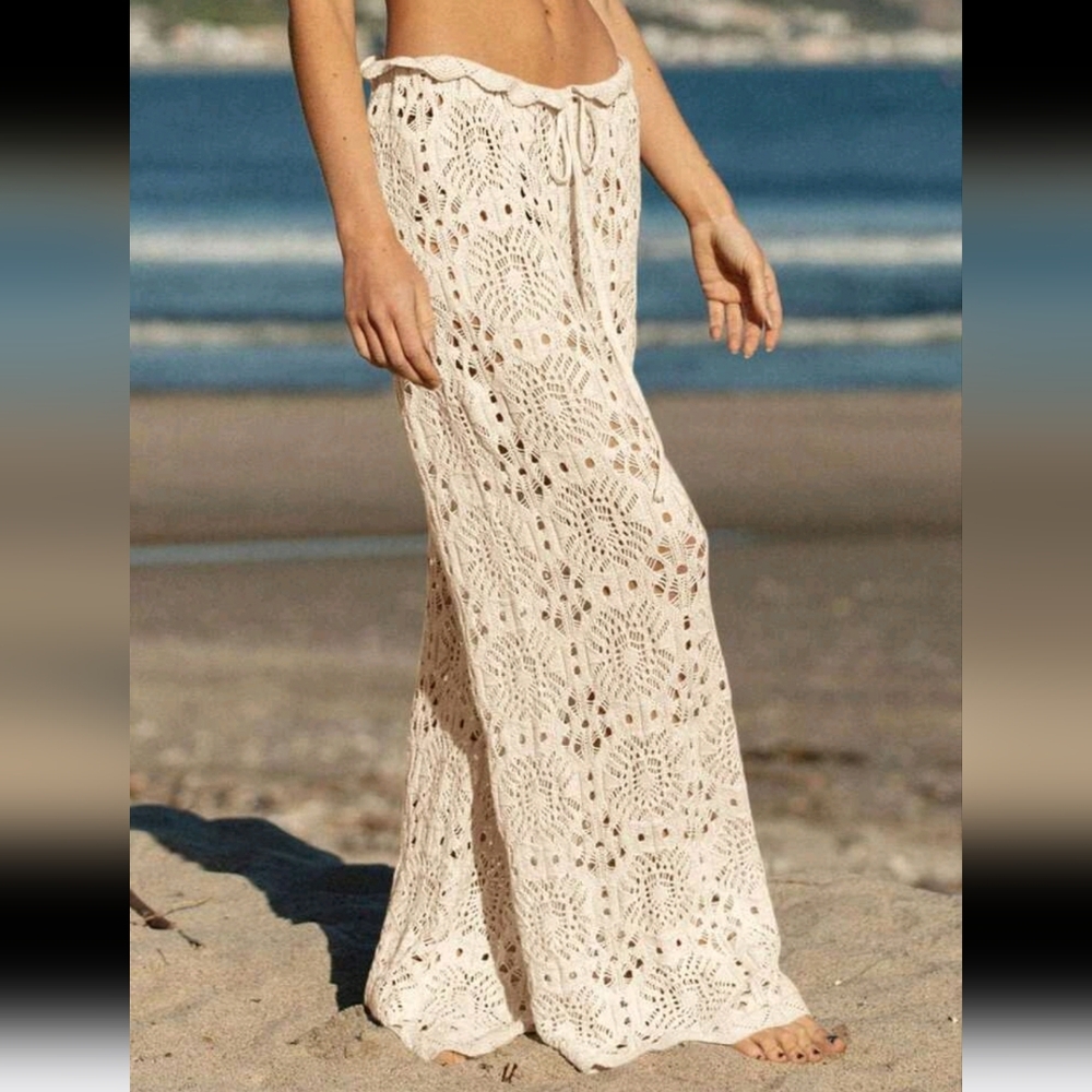 Women's Sexy Crochet Beach Pants - Sheer Mesh Coverup With Adjustable Drawstrin - Picture 3 of 4